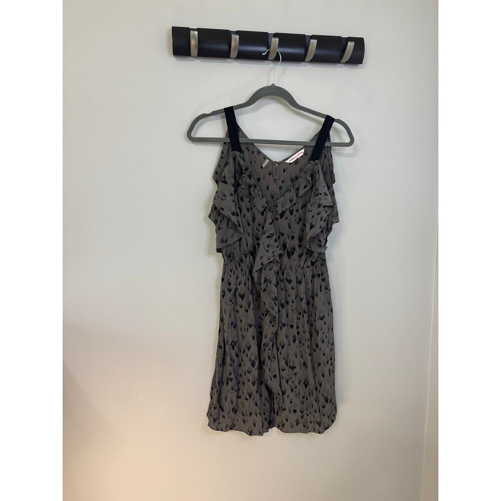 Rebecca Taylor 100% silk dress gray w/black abstract, cold shoulder ruffle Small